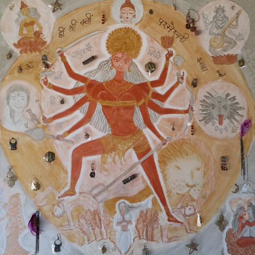 mandala of goddesses and mantras, acrylics on canvas painting using multimedia by meenal